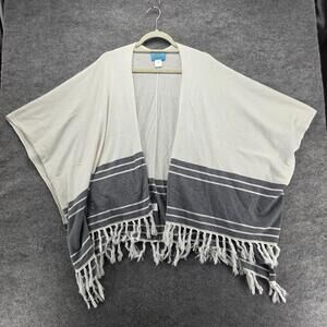 ISLEFIELD Sweater Womens OS White Striped Open Cape Fringe Kimono Sleeve